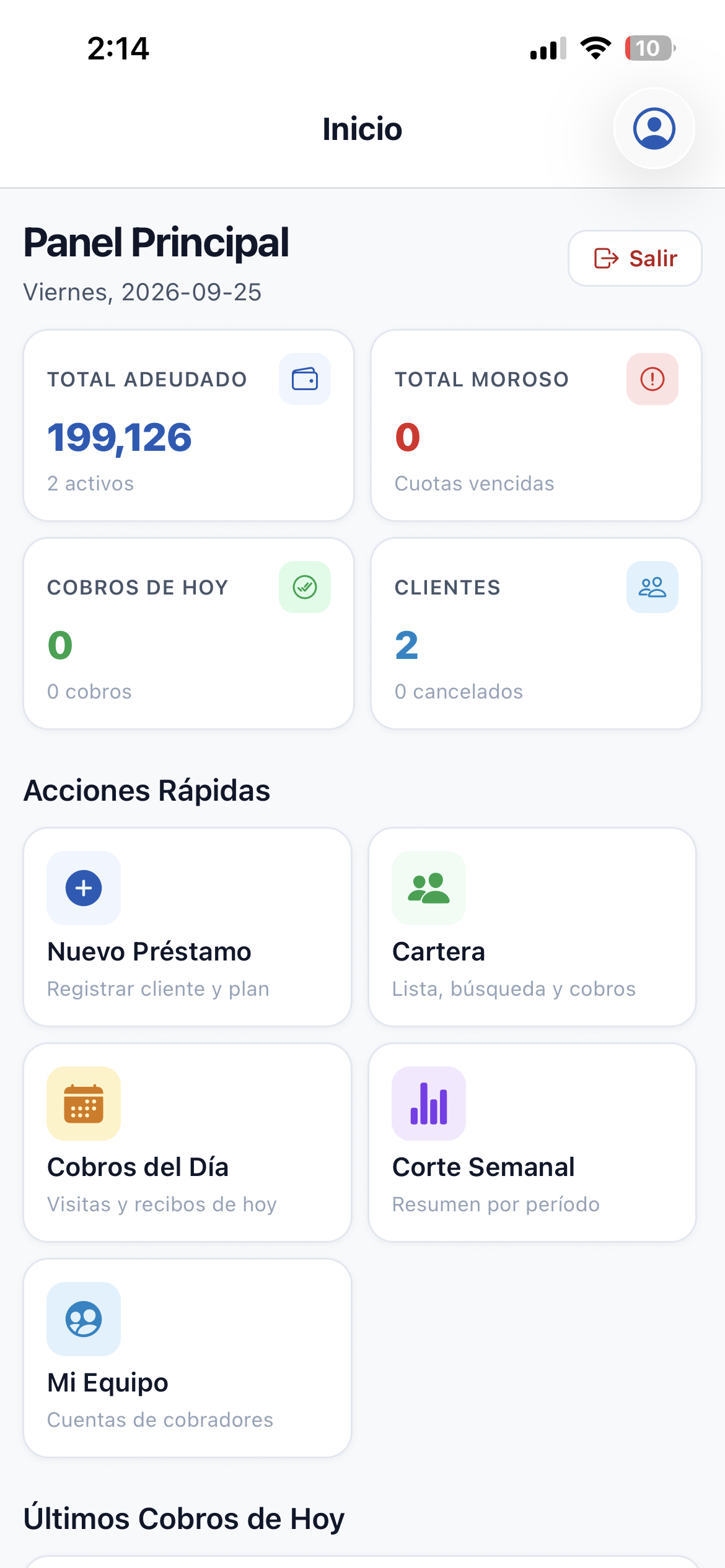 Panel Principal de la app Gestión PM en un teléfono